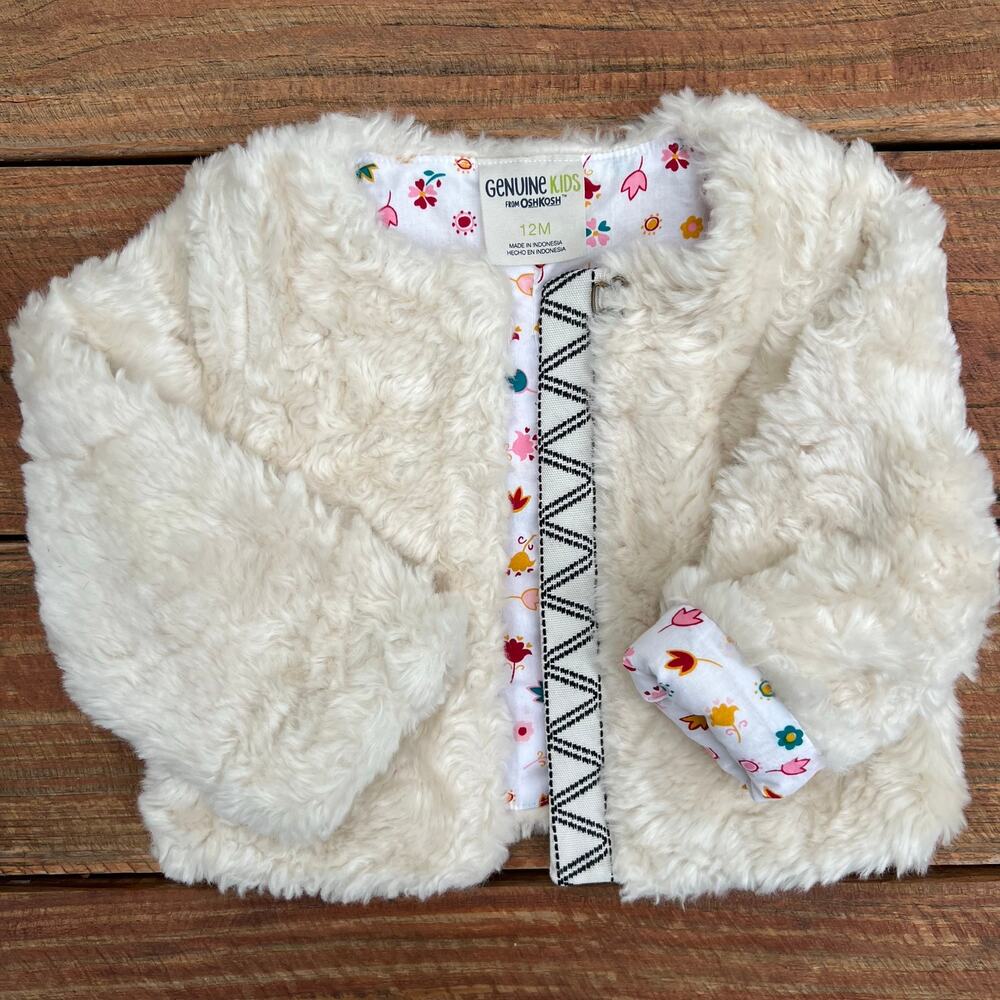 Genuine Kids OshKosh Faux Fur Baby Coat 12M Cream Floral Lined Toddler Jacket